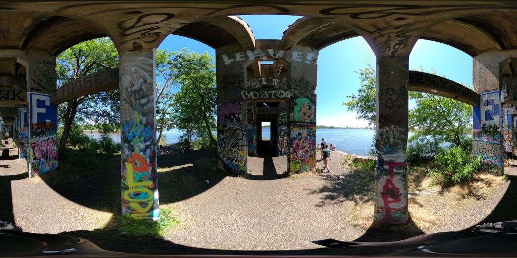A 360-degree panoramic image captured with a one click 360cam underneath the Graffiti Pier in Philadelphia. Image by: Mark Henninger