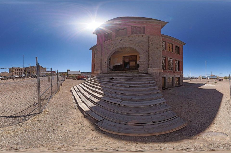 A 360-degree panoramic image outside the abandoned Goldfield High School in Goldfield, Nevada. Image by: G. Donald Bain