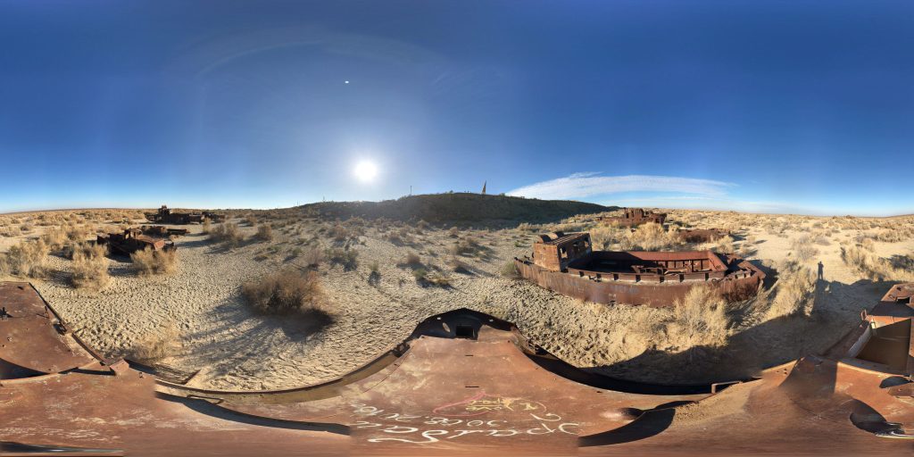 A 360-degree panoramic image showing the abandoned vessels at the Muynak Ship Graveyard in Uzbekistan. Image by: Hipsto Photographies