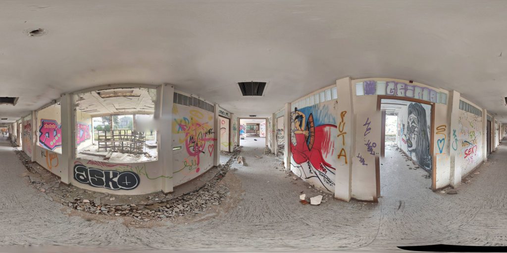 A 360-degree panoramic image inside the abandoned halls of the Radio Liberty Platja de Pals Station in Spain. Image by: Arnau (Kenny)