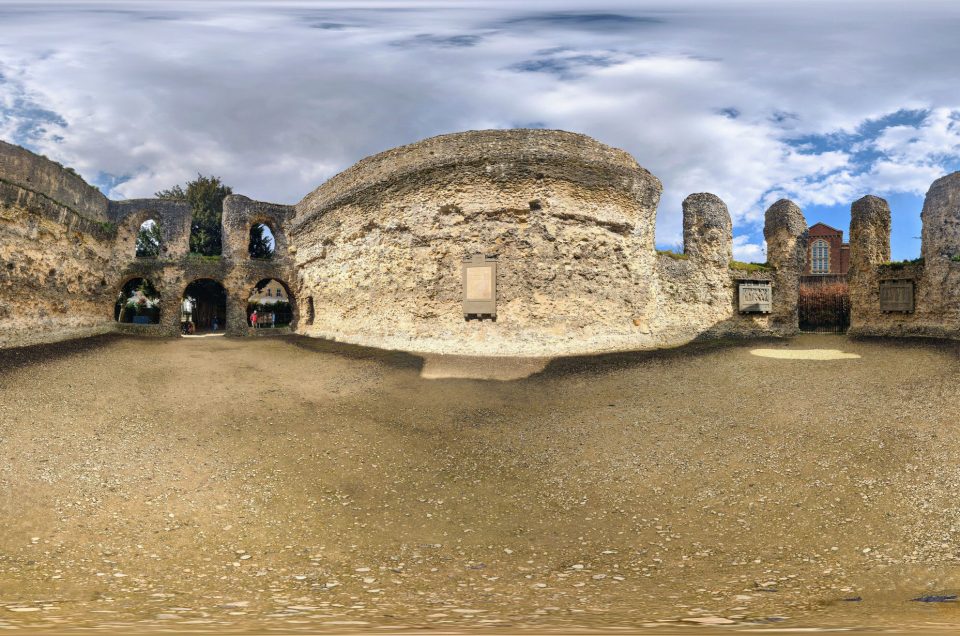 A 360-degree panoramic image captured at the Reading Abbey Ruins in Reading, United Kingdom. Image by: Ritesh Talwadekar