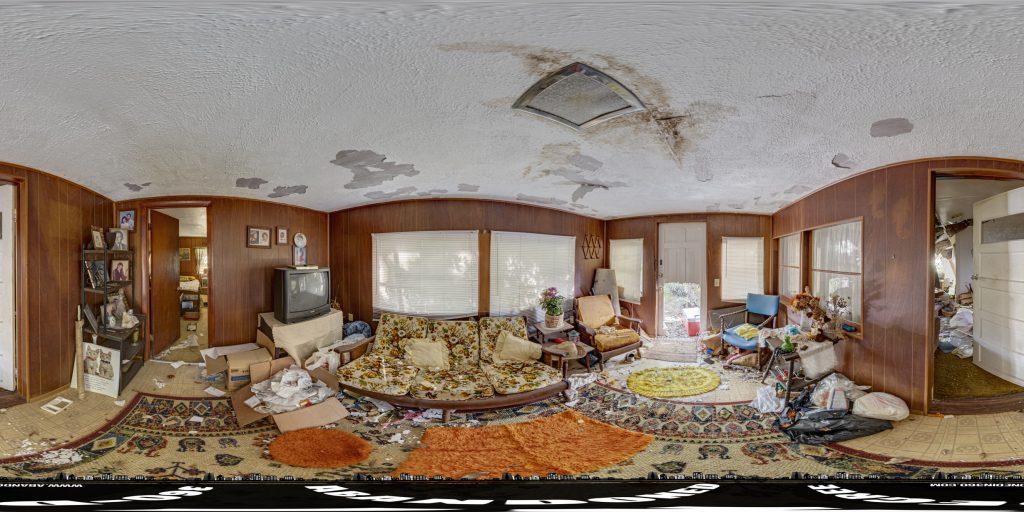 A spherical 360-degree panoramic image inside the abandoned "Tice House" in Florida. Image by: Abandoned in 360 Team