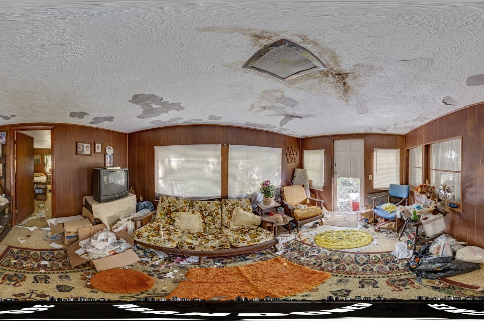 A spherical 360-degree panoramic image inside the abandoned "Tice House" in Florida. Image by: Abandoned in 360 Team