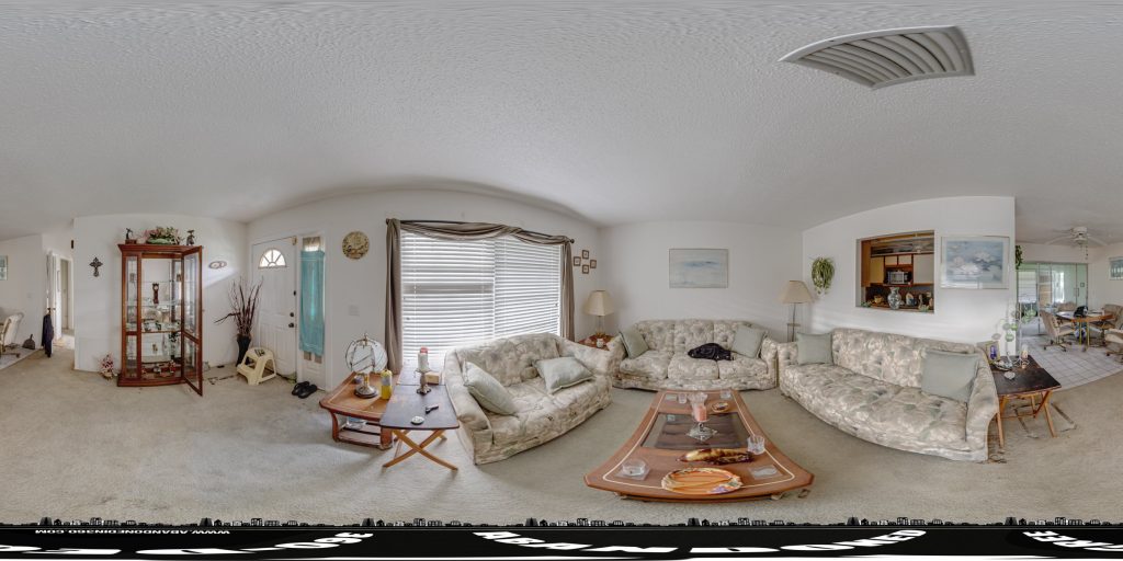 A 360-degree spherical panoramic image inside an abandoned time capsule house in Florida. Image by: Abandoned in 360 Team