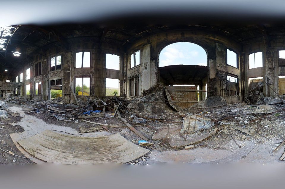 A 360-degree panoramic image captured inside the abandoned Gary Union Station in Gary, Indiana. Image by Elements of Media