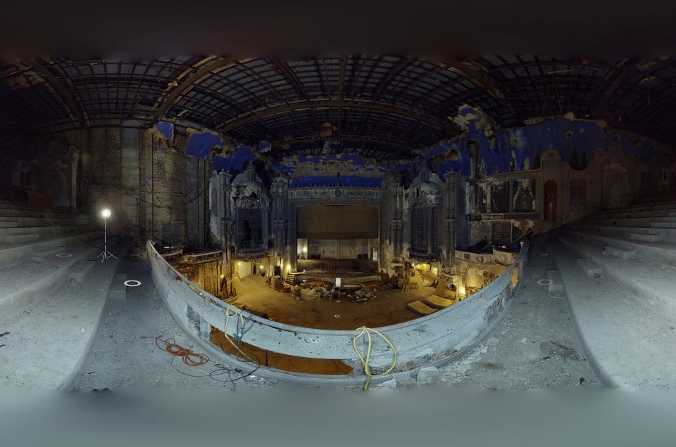 A 360-degree panoramic image inside the abandoned Kenosha Theater in Kenosha, Wisconsin. Image by: Elments of Media.