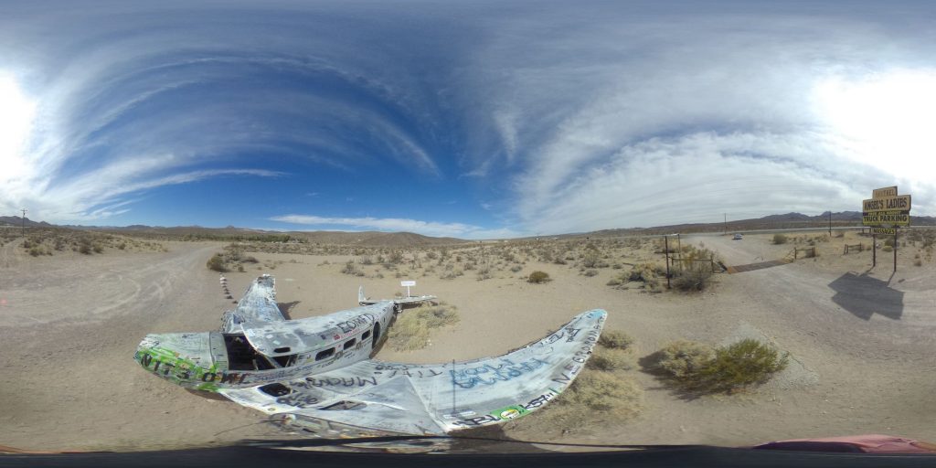 A 360-degree panoramic image captures the abandoned plane at Angel's Landing in Beatty, Nevada. Image by: Kirk Thompson