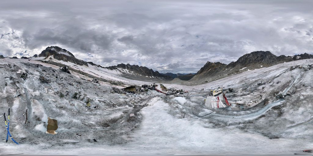 A 360-degree panoramic image showing the abandoned US Airforce TB-29 Bomber on a glacier in Alaska. Image by: Scott Parmelee