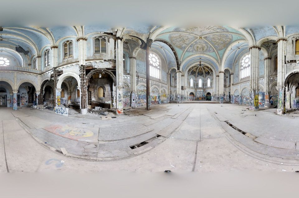 A 360-degree panoramic image inside the beautiful and abandoned Saint Boniface Church in the heart of Chicago. Image by: Elements of Media