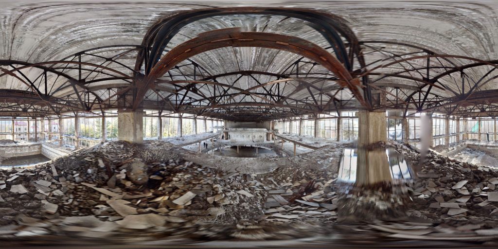 A 360-degree panoramic image captured inside the abandoned Palace of Culture in Jermuk, Armenia. Photo by: Tumanyan Town