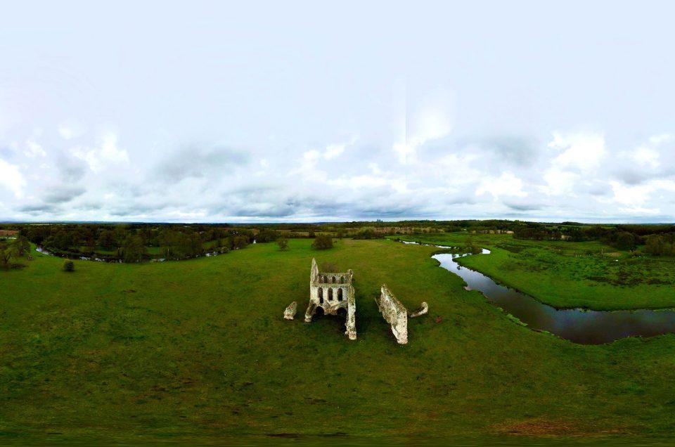 An aerial 360-degree panoramic photograph captured above the Newark Priory in the United Kingdom. Image by: CN J