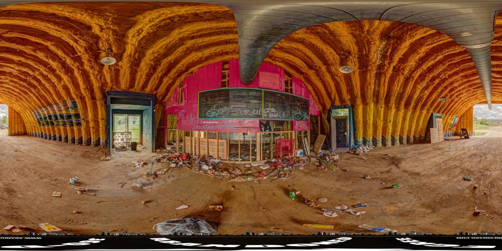 A 360-degree panoramic image captured inside the abandoned White Duck Taco Shop in Asheville, North Carolina