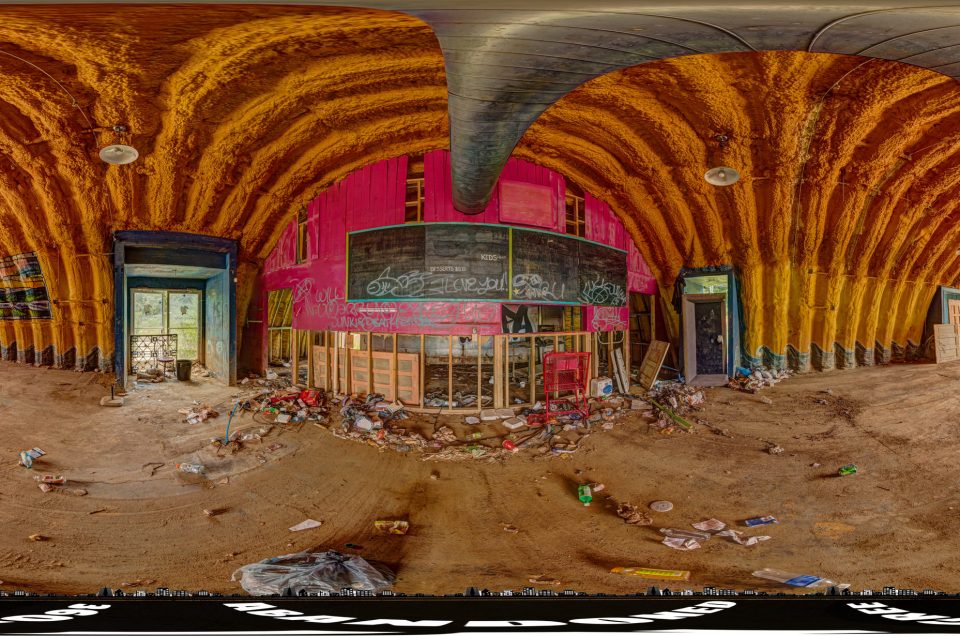 A 360-degree panoramic image captured inside the abandoned White Duck Taco Shop in Asheville, North Carolina