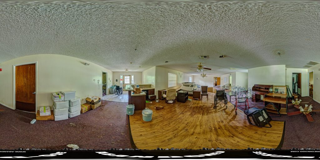 A 360-degree panoramic image captured inside the abandoned Haven House at Ocala an assisted living facility. Photograph by the Abandoned in 360Urbex Team