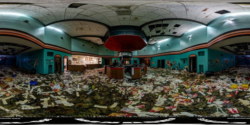 A 360-degree panoramic image captured inside the abandoned Roxy Cinema and Grill. Photograph by the Abandoned in 360 URBEX Team