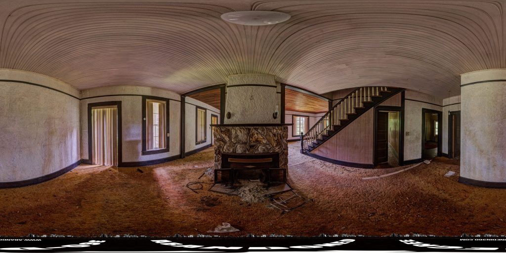 A 360-degree panoramic image captured inside the abandoned Williston House in Florida. Photograph by the Abandoned in 360 URBEX Team