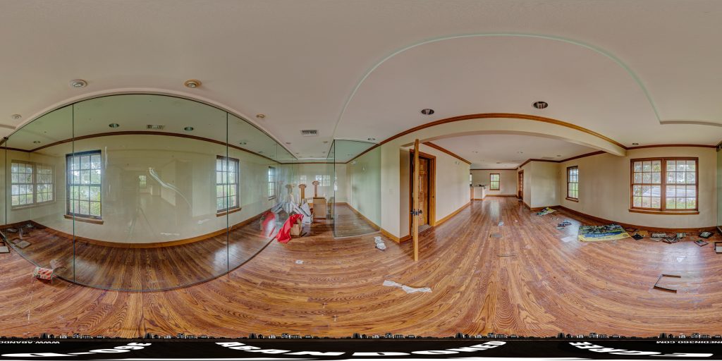 A 360-degree panoramic image inside the abandoned Winding Oaks Farms office building in Ocala, Florida.