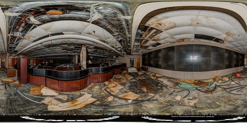 A 360-degree panoramic image inside an abandoned Florida Highway Patrol Control Center in Central Florida. Photographed by the Abandoned in 360 Urbex Team