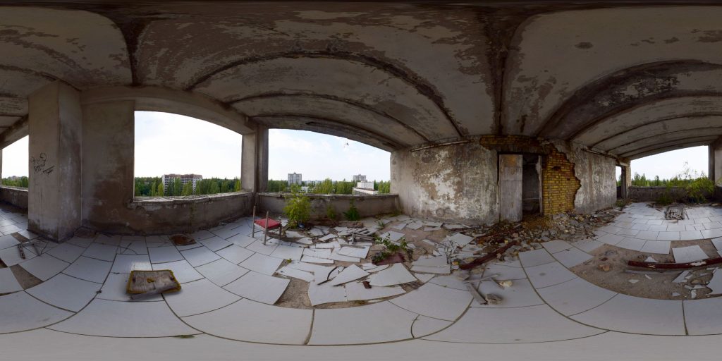A 360-degree panoramic photograph inside the abandoned Hotel Polissya in Pripyat’s central square. Photo by: Bartosz Bryniarski