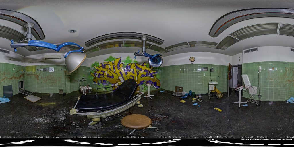 A 360-degree panoramic image captured inside one of the operating rooms at an abandoned hospital in rural Georgia. Photo by the Abandoned in 360 URBEX team