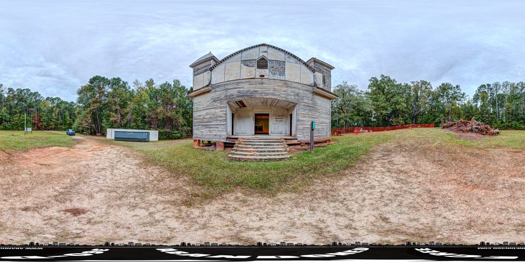 A 360-degree panoramic image capturing the exterior of the Antioch Baptist Church in Crawfordville, Georgia. Photo by the Abandoned in 360 Team