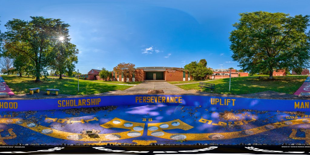 A 360-degree panoramic image captured at the abandoned Knoxville College in Knoxville, Tennessee. Photo by the Abandoned in 360 URBEX team.