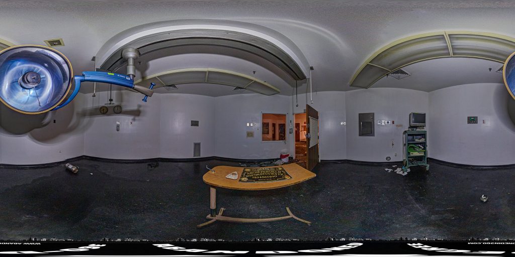 A 360-degree panoramic image inside the abandoned Lower Oconee Community Hospital in Glenwood, Georgia. Photo by the Abandoned in 360 URBEX Team
