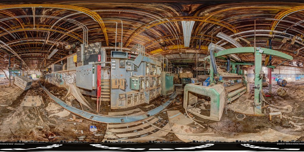 a 360-degree panoramic image inside the abandoned River Dyeing and Finishing warehouse in the River Arts District of Asheville, North Carolina. Image captured by the Abandoned in 360 URBEX Team.