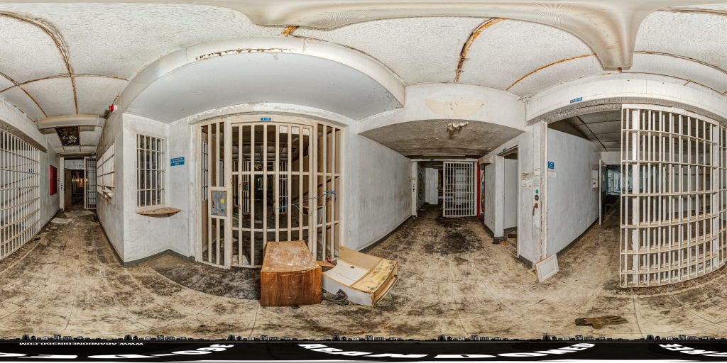 A 360-degree panoramic image captured inside the abandoned Holly Building at the Scott State Prison at Milledgeville, Georgia. Photo by the Abandoned in 360 URBEX Team.