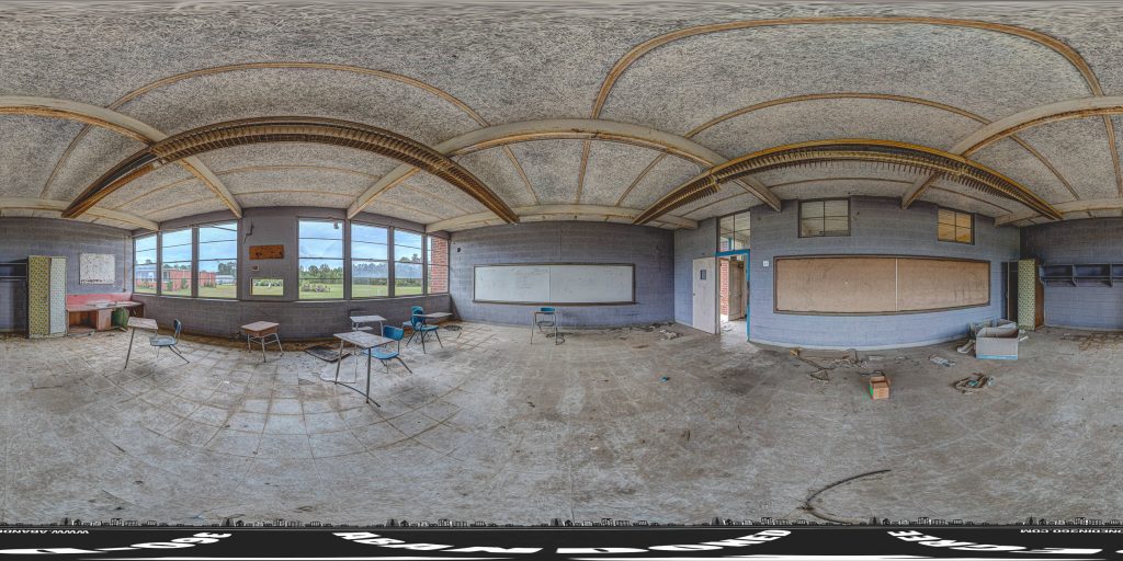 A 360-degree panoramic image inside one of the classrooms at the Southwest Elementary School in Georgia. Photo by the Abandoned in 360 URBEX Team.