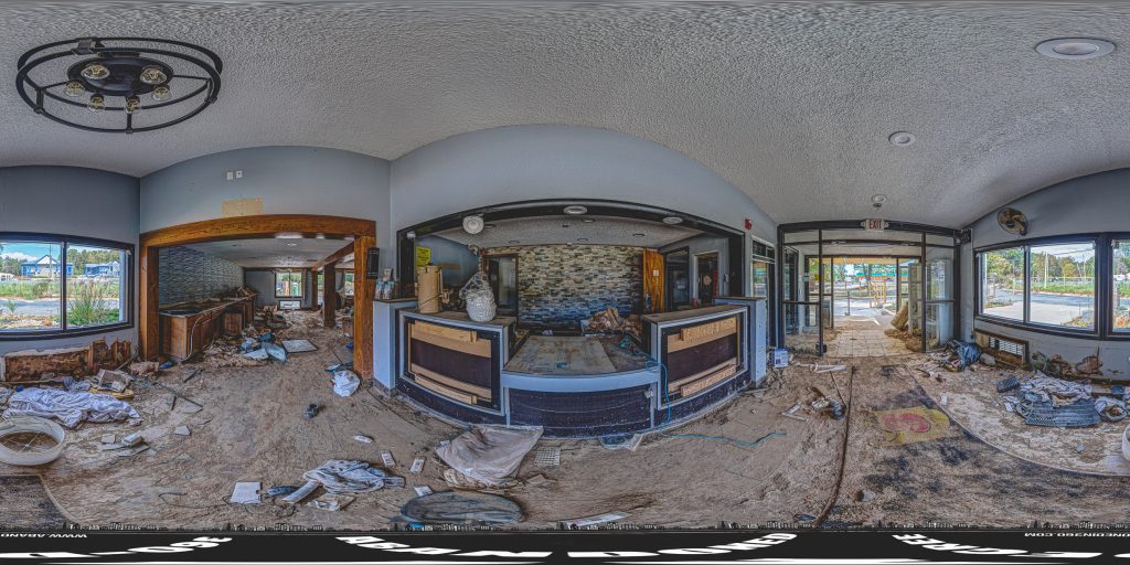 A 360-degree panoramic image inside the abandoned Super 8 by Wyndham Asheville-Biltmore. Photo by the Abandoned in 360 URBEX Team.