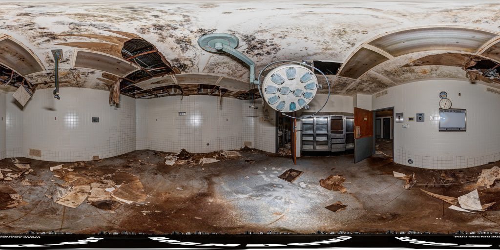 A 360-degree panoramic image captured in one of the operating rooms at the abandoned Telfair Regional Hospital in Georgia. Photo captured by the Abandoned in 360 URBEX Team.