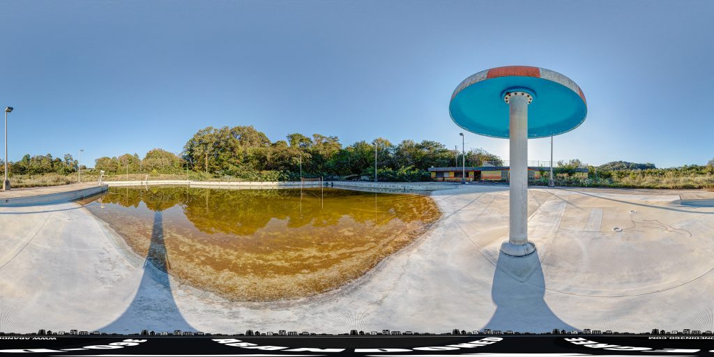 A 360-degree panoramic image capturing the pool area at the Beach Water Park in Knoxville, Tennessee. Photo by the Abandoned in 360 Team