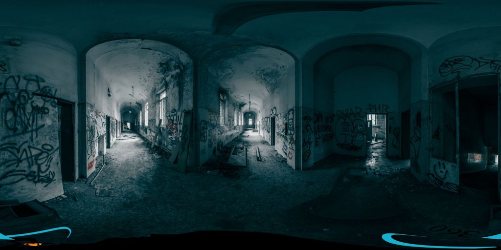 A 360-degree panoramic image inside the abandoned and decaying Mombello Psychiatric Hospital in Italy. Photo by: Insolito Cinema
