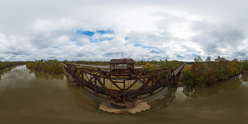 An aerial 360-degree panoramic image capturing the Ocmulgee River Train Swing Bridge in Georgia. Photo by the Abandoned in 360 URBEX Team
