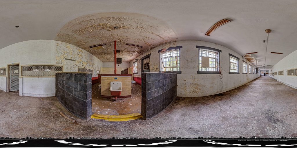 A 360-degree panoramic image captured inside the abandoned Alan Kemper Building at the Scott State Prison in Milledgeville, Georgia. Photo by the Abandoned in 360 URBEX Team