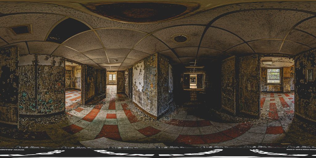A 360-degree panoramic image inside the abandoned Howell Building at the old Central State Hospital in Milledgeville, Georgia. Photo by the Abandoned in 360 URBEX Team.