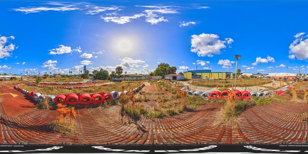 A 360-degree panoramic image at the abandoned Lil 500 Go Karts in Maitland, Florida. Photo by the Abandoned in 360 URBEX Team.