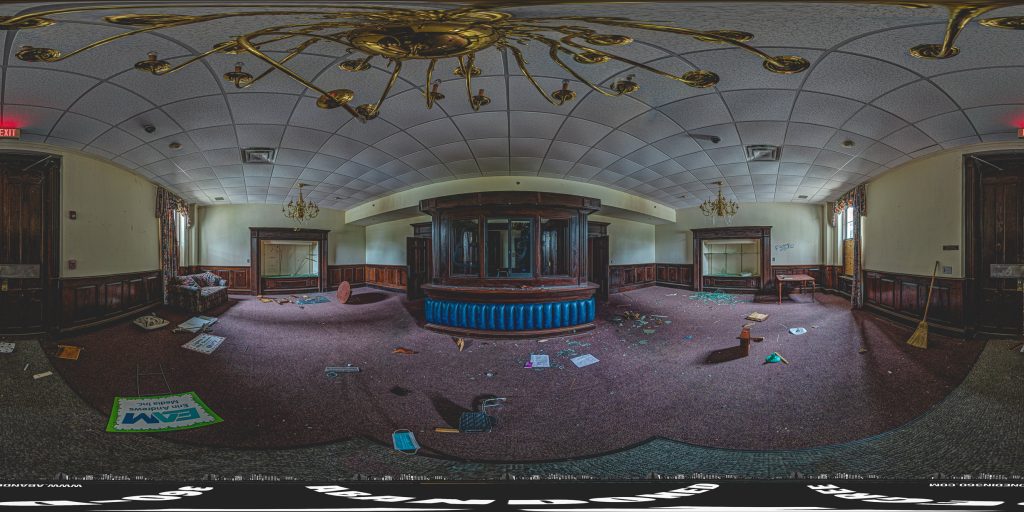 A 360-degree panoramic image inside the abandoned Powell Building at the old Central State Hospital in Milledgeville, Georgia. Photo by the Abandoned in 360 URBEX Team.