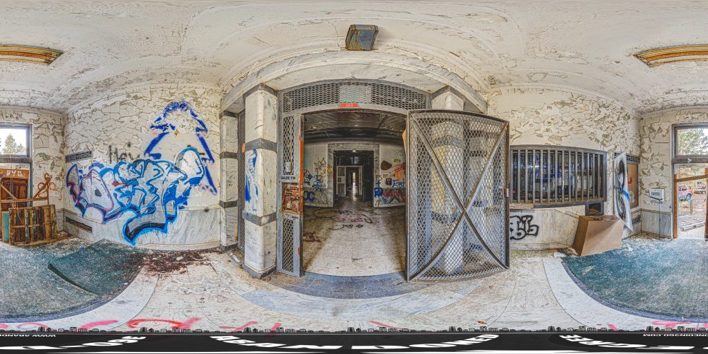 A 360-degree panoramic image captured at the abandoned Rivers State Prison in Milledgeville, Georgia. This photo shows the entrance to the Rivers South Building. Photo by the Abandoned in 360 Urbex Team.