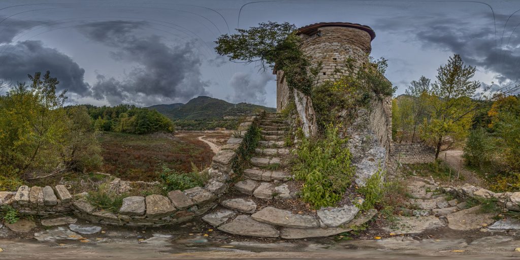 A 360-degree panoramic image at the abandoned Sant Salvador de la Vedella in Barcelona, Spain. Photo by Alex Edo