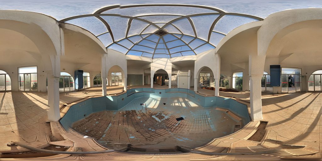 A 360-degree panoramic image captured at the abandoned Coralia Hotel in Tunisia. Image by: Dima Shirokov