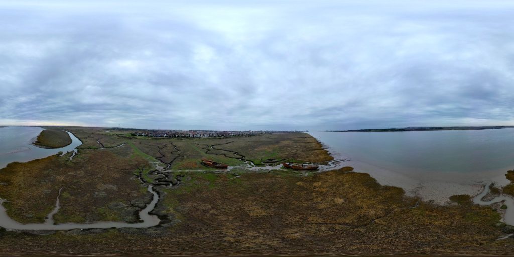 A 360-degree panoramic image captured above the abandoned Fleetwood Shipwrecks along the River Wyre in Fleetwood, Lancashire. Image by: Chris 128