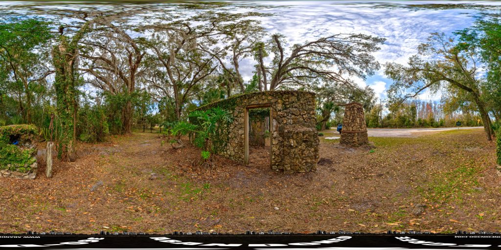 A 360-degree panoramic image captured at the Dupree Gardens ruins in Land O' Lakes, Florida. Photograph by the Abandoned in 360 URBEX Team.