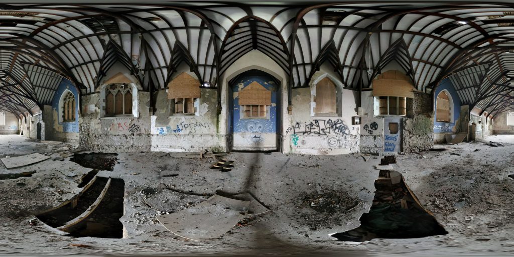 A 360-degree panoramic image inside the church at the abandoned Denbigh Asylum in Denbigh, United Kingdom. Image by: Alex Brad