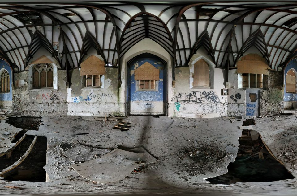 A 360-degree panoramic image inside the church at the abandoned Denbigh Asylum in Denbigh, United Kingdom. Image by: Alex Brad