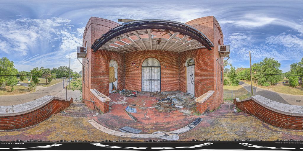 A 360-degree panoramic image captured on the steps of the historic Mount Calvary Baptist Church in Jacksonville, Florida. Photo by the Abandoned in 360 URBEX Team.