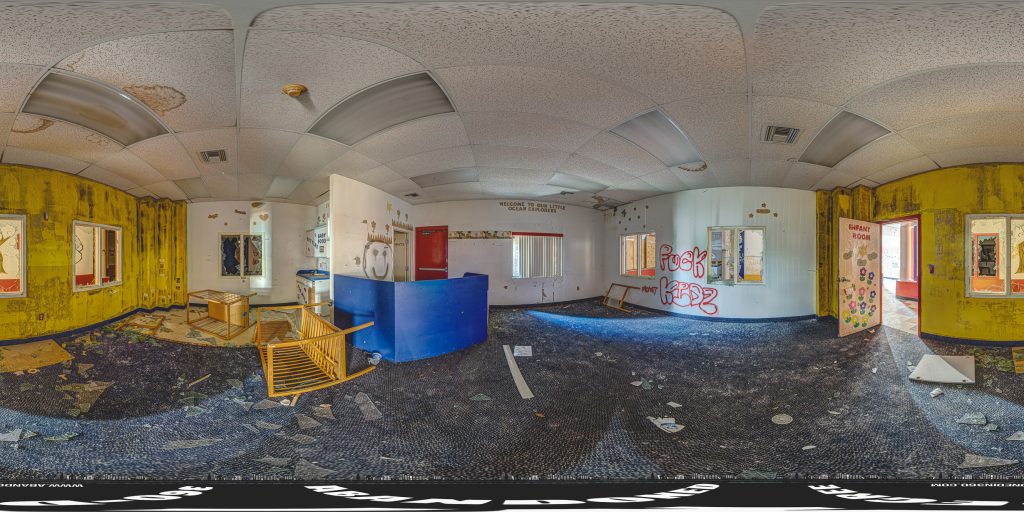 A spherical 360-degree panoramic image capturing the decay of the abandoned Wish Upon A Star Daycare in Florida. Photo by the Abandoned in 360 URBEX Team