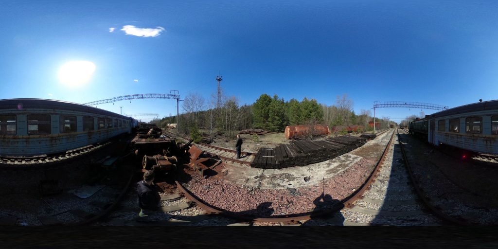 A 360-degree panoramic image captured at the abandoned Yaniv Train Station in Pripyat, Ukraine. Image by: Tomáš Špaček