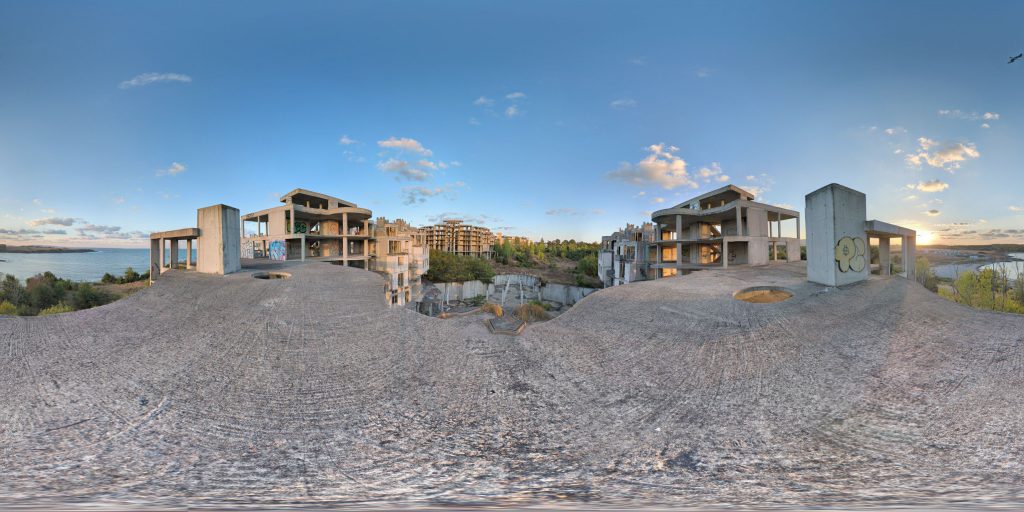 A 360-degree panoramic image captured at the abandoned Costa del Croco in Tsarevo, Bulgaria. Image by: Nikola Voislav
